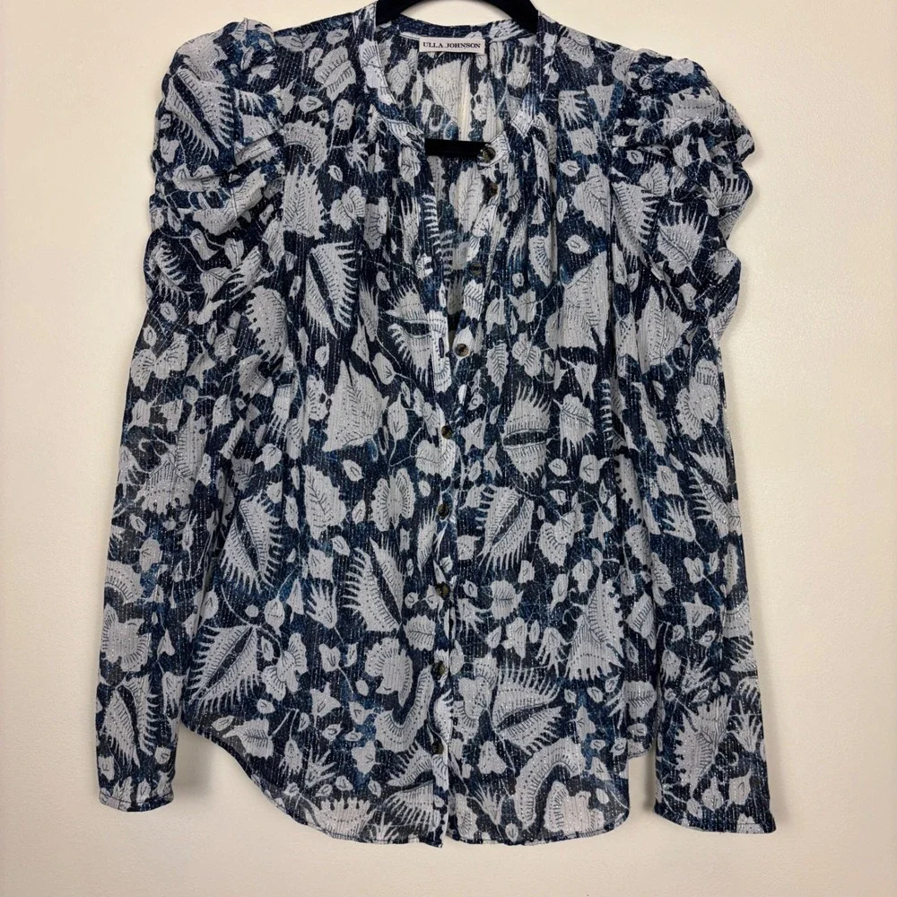 ULLA JOHNSON Adina Long Sleeve Button-Down Blouse Indigo Blue Gold Women‎ Size 0